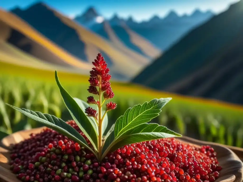 Quinoa andina: detalle vibrante en paisaje montañoso Detalle vibrante de quinua andina recién cosechada en los Andes, resaltando texturas y colores naturales, historia de la quinua andina