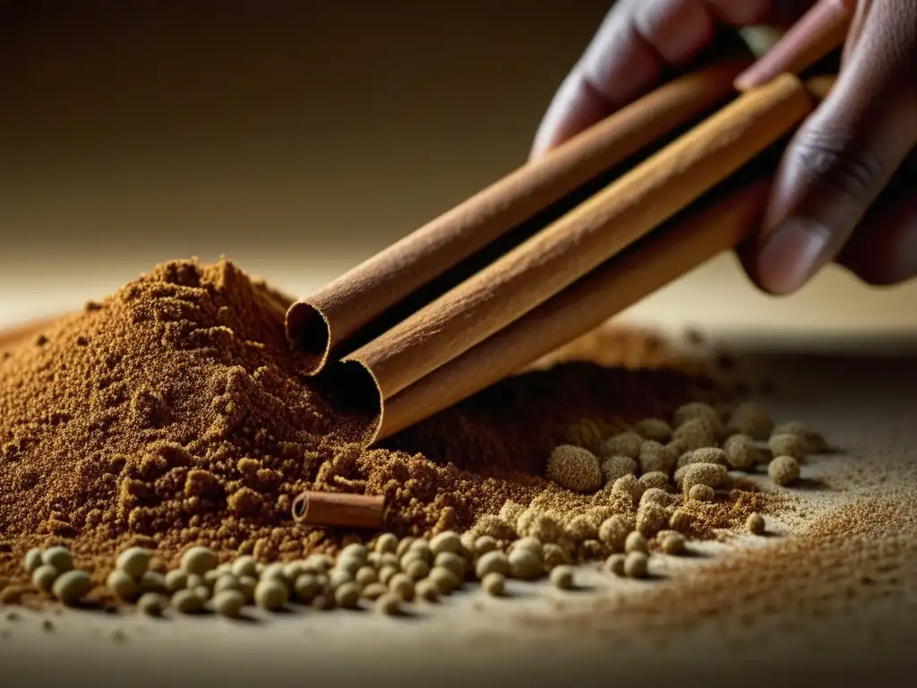 Detalle vibrante de una ramita de canela molida a mano, resaltando sus texturas y colores ricos