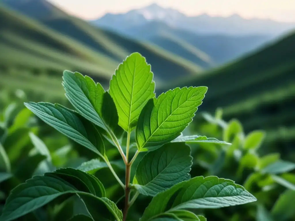 Detalle vibrante de una ramita de menta armenia en un paisaje montañoso, resaltando sus finos vellos y venas