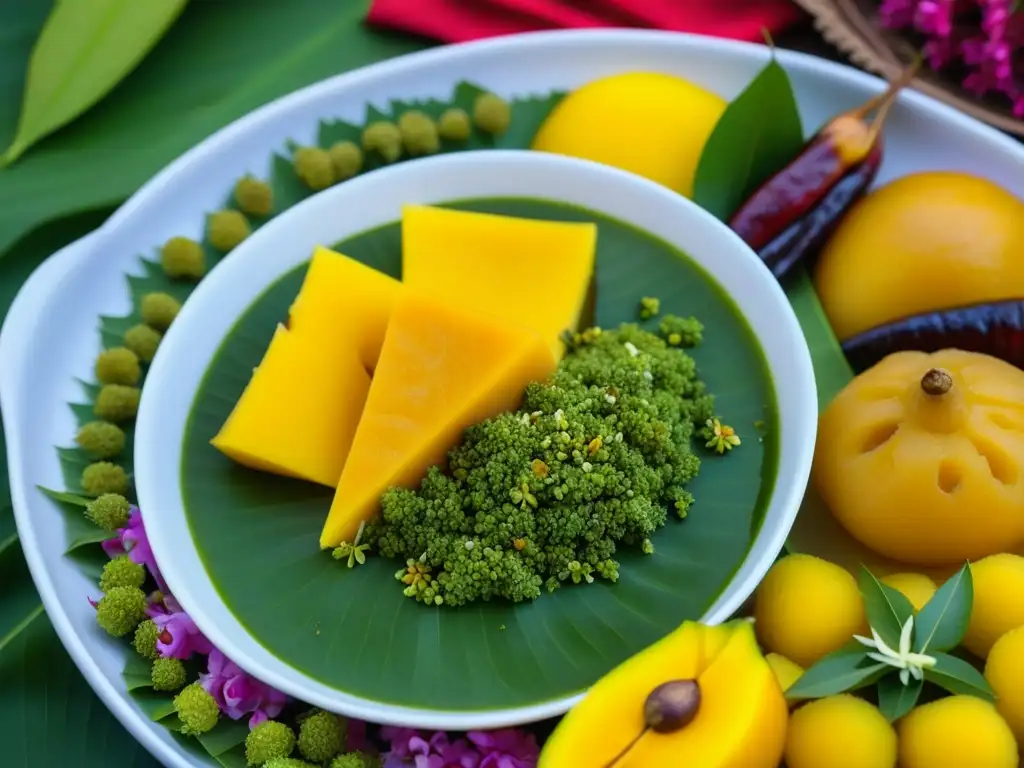 Detalle vibrante de la receta histórica Ugadi, mostrando colores y texturas de ingredientes como mango, tamarindo y chiles, significado cultural