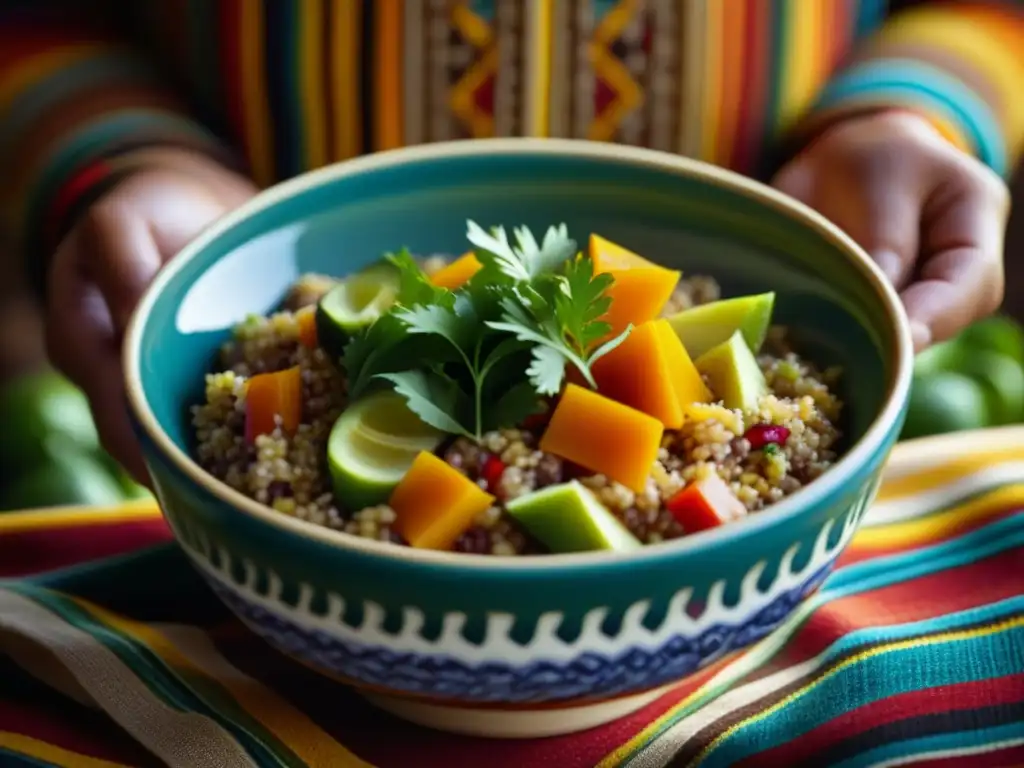 Detalle vibrante de una receta histórica de cultura Inca: quinoa, hierbas y verduras en un tazón de cerámica