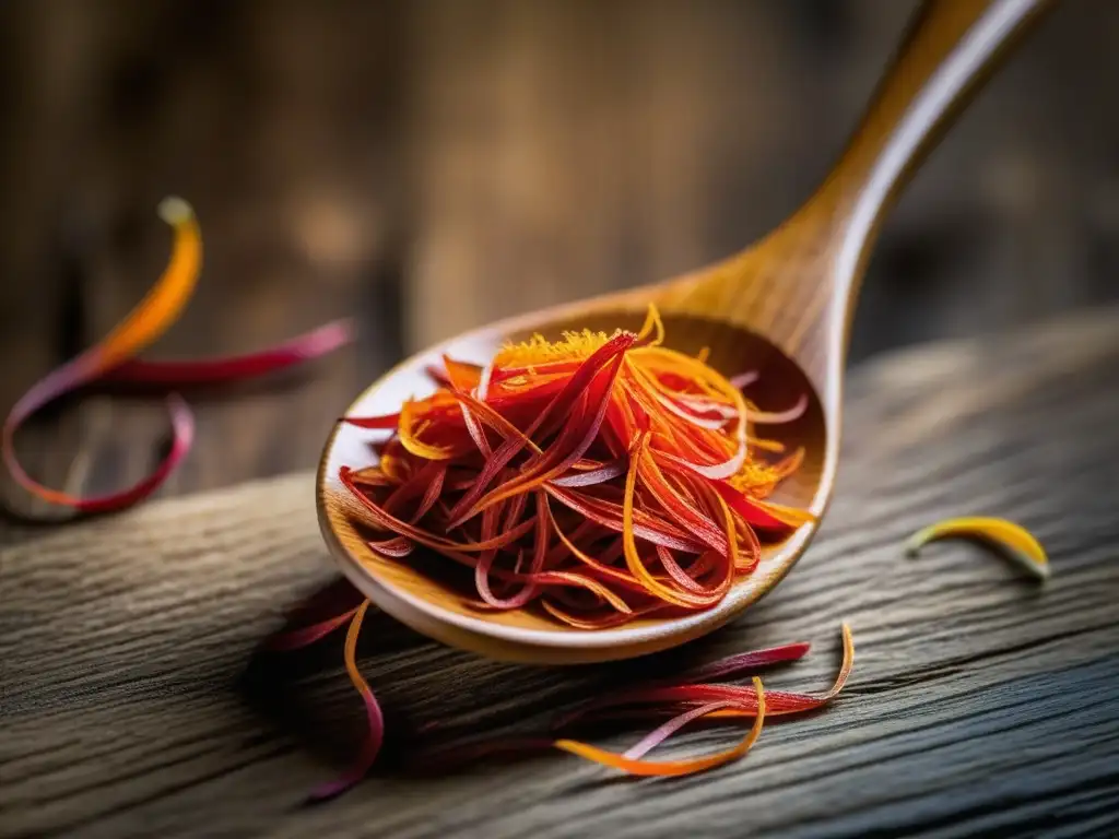 Detalle vibrante de azafrán rojo en cuchara de madera, resalta la importancia cultural de las especias en la cocina mundial