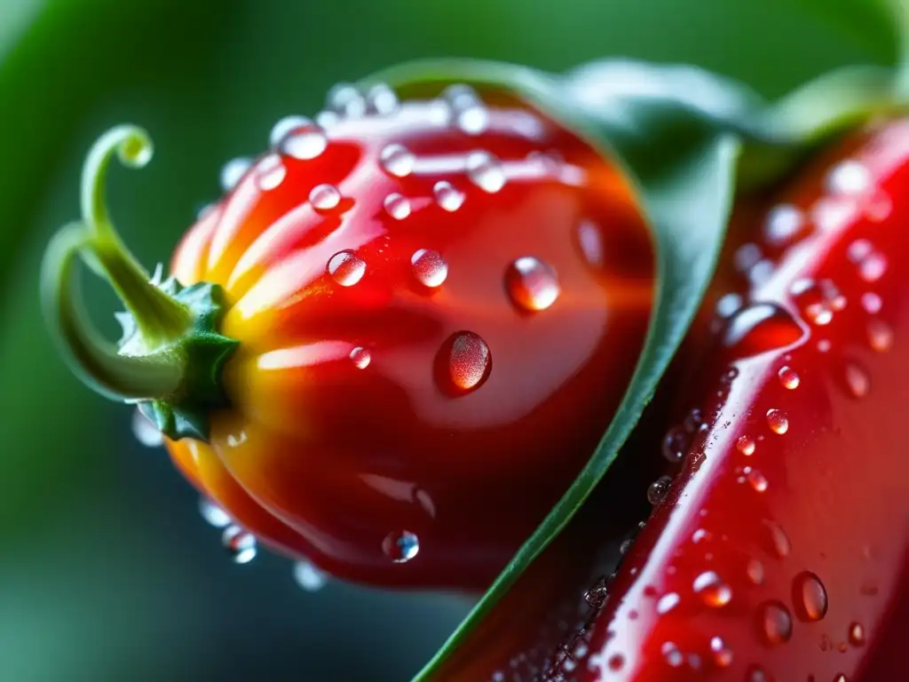 Detalle vibrante de un chile rojo con gotas de agua, resaltando sus patrones únicos