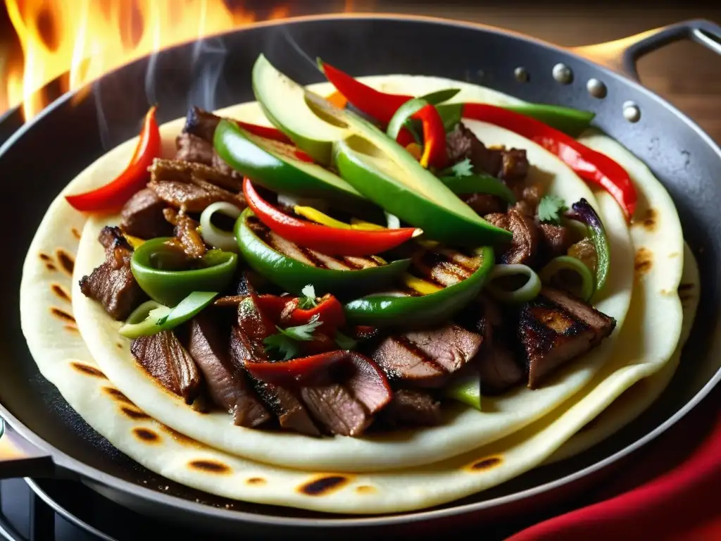 Detalle vibrante de una sartén de fajitas humeantes, influencia cocina TexMex gastronomía global