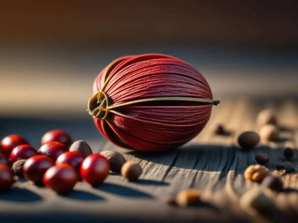 Detalle vibrante de semilla de nuez moscada roja sobre maza seca, historia nutmeg culinaria África Oriental