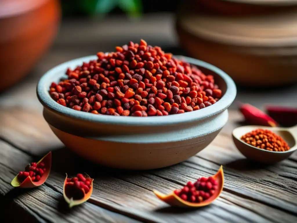 Detalle vibrante de semillas de achiote en superficie de madera con olla maya al fondo