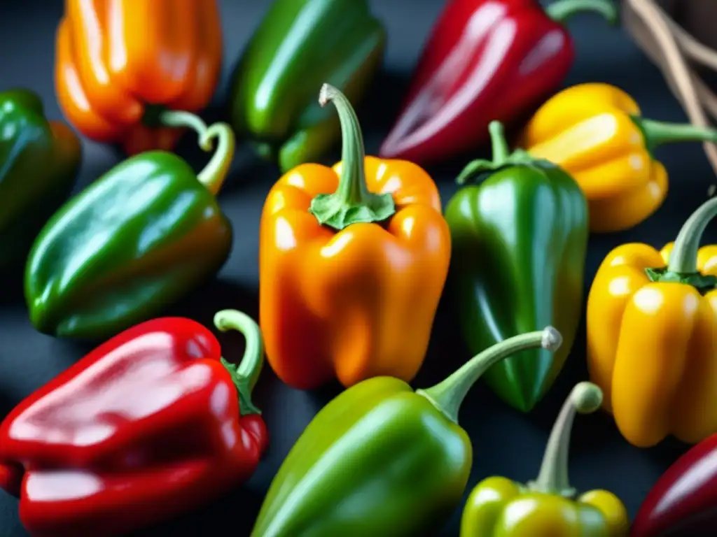 Detalle vibrante de ajíes, símbolo cultural en dieta precolombina, con diversidad de formas y colores