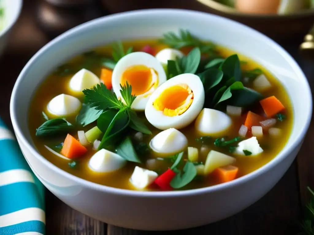 Detalle vibrante de una sopa fría rusa Okroshka histórica con ingredientes frescos y coloridos