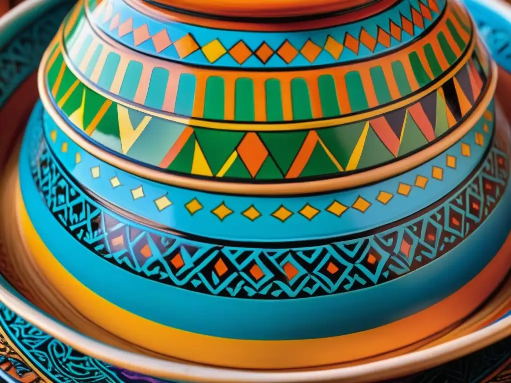 Detalle vibrante de un tagine marroquí tradicional, con patrones geométricos coloridos y texturas intrincadas