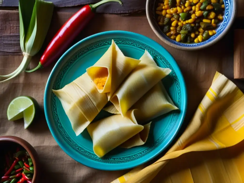 Detalle vibrante de tamales precolombinos en plato azteca, evocando la evolución de la cocina azteca