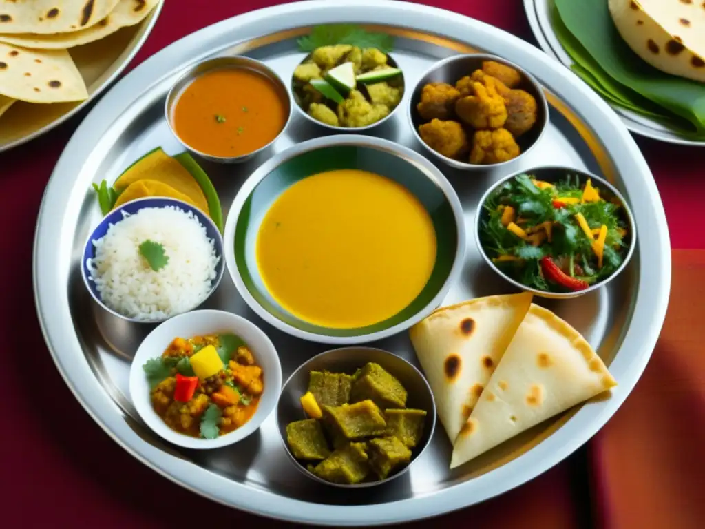 Detalle vibrante de un thali indio con recetas históricas Navaratri vegetarianas