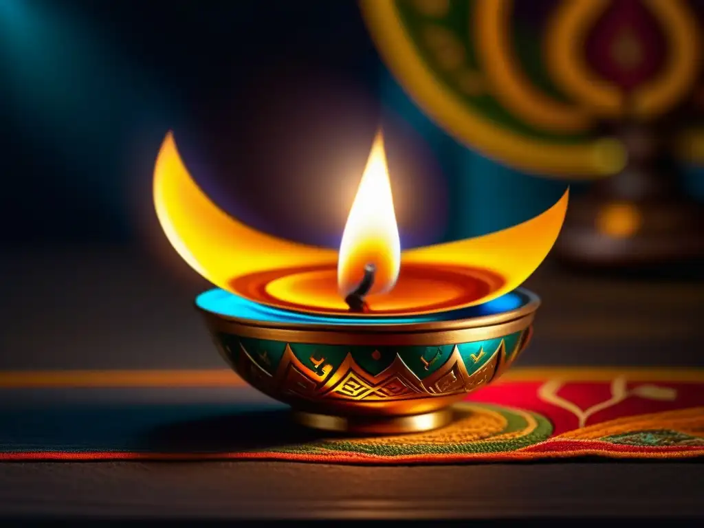 Detalle vibrante de una lámpara Diya tradicional, simbolizando la esencia espiritual de Diwali y su cultura