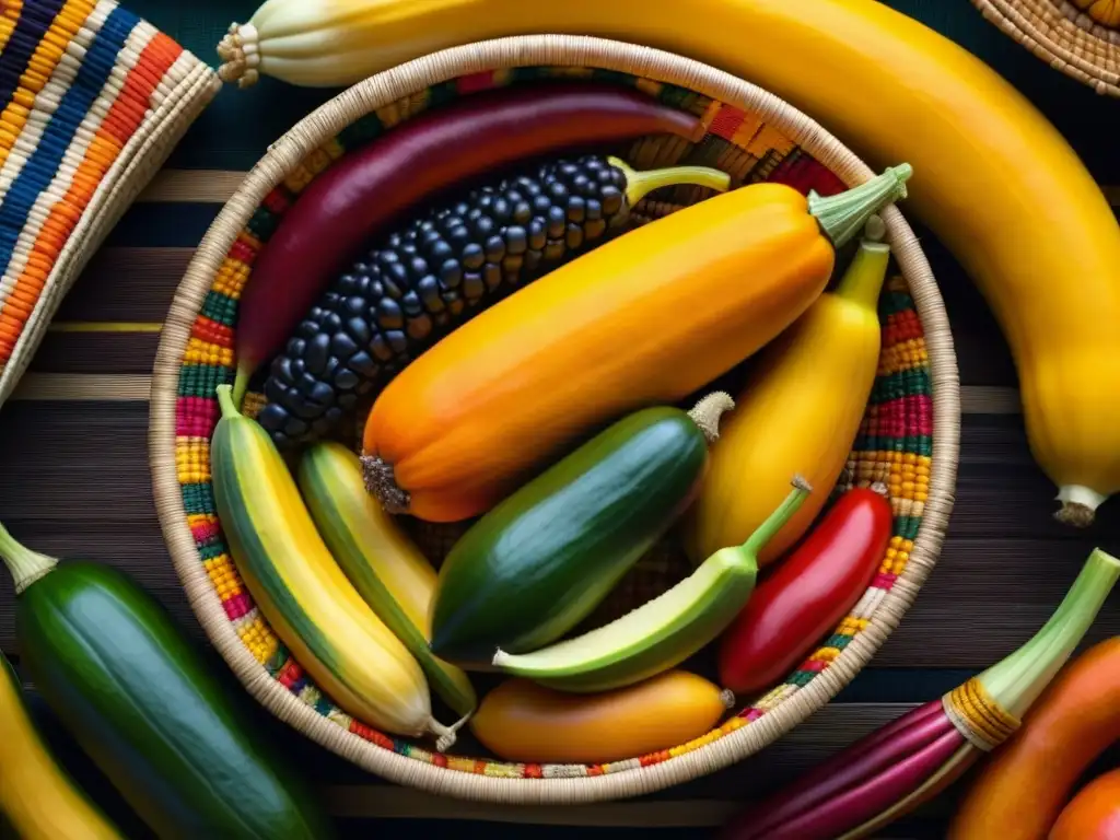 Detalle vibrante de trueque alimenticio culturas precolombinas en cesta tejida, resaltando colores y texturas ancestrales