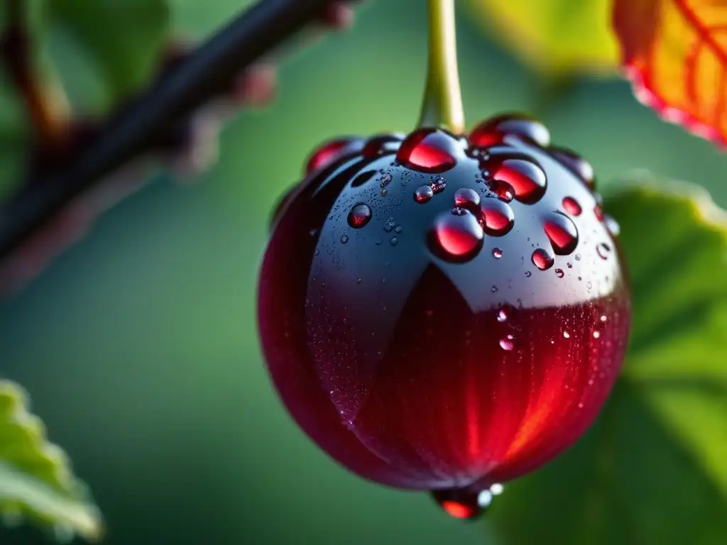 Detalle vibrante de una uva roja con gotas de rocío al amanecer