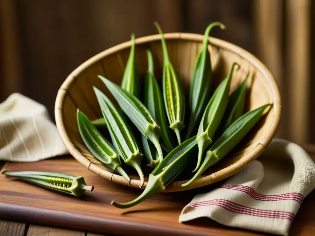 Detalle vibrante de vainas de okra recién cosechadas, junto a utensilios tradicionales africanos