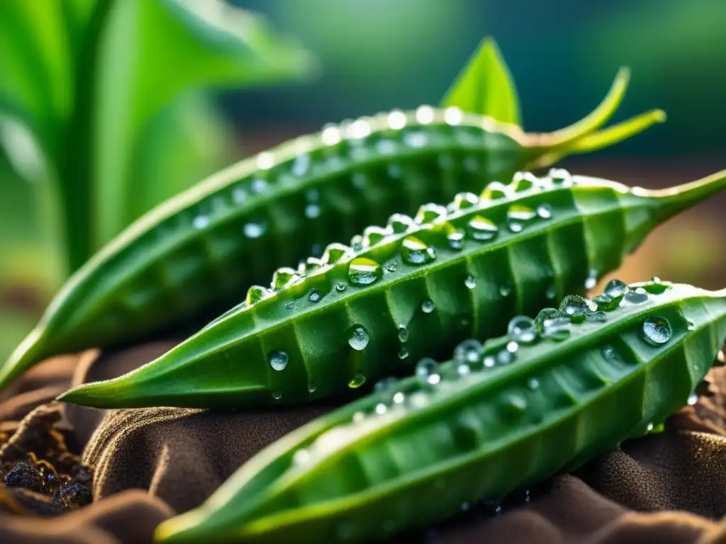 Detalle vibrante de vainas de okra recién cosechadas en un campo verde infinito