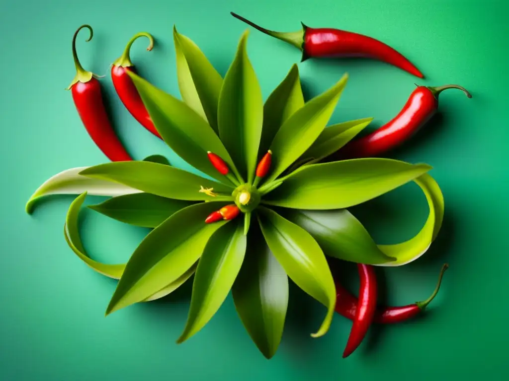 Detalle vibrante de vainas de vainilla verde y chiles rojos, fusionando historia y sabores en una imagen cultural