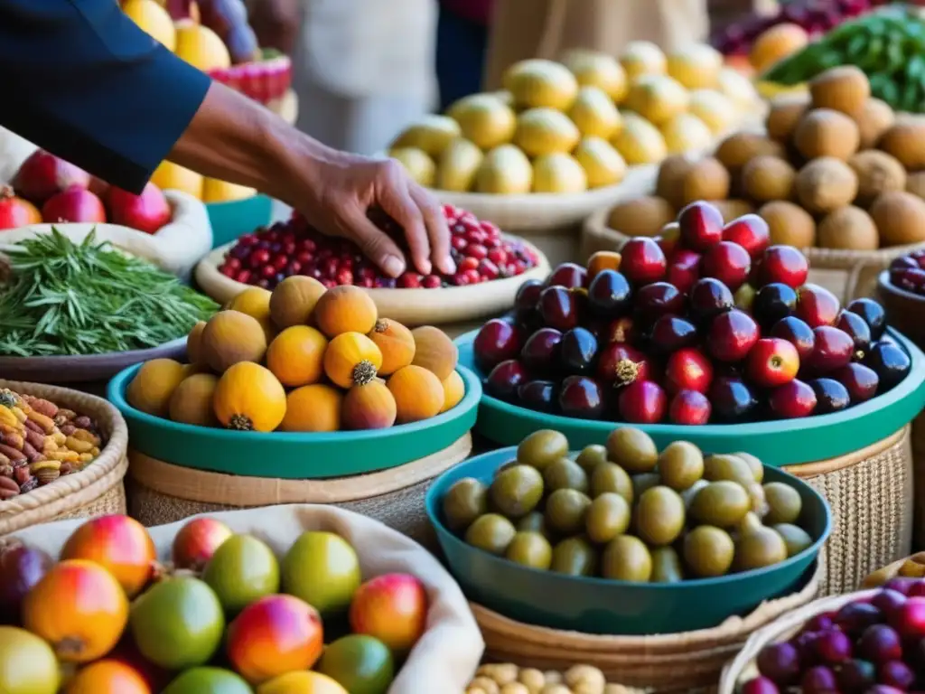 Detalle vibrante de vendedor en mercado árabe con frutas y especias