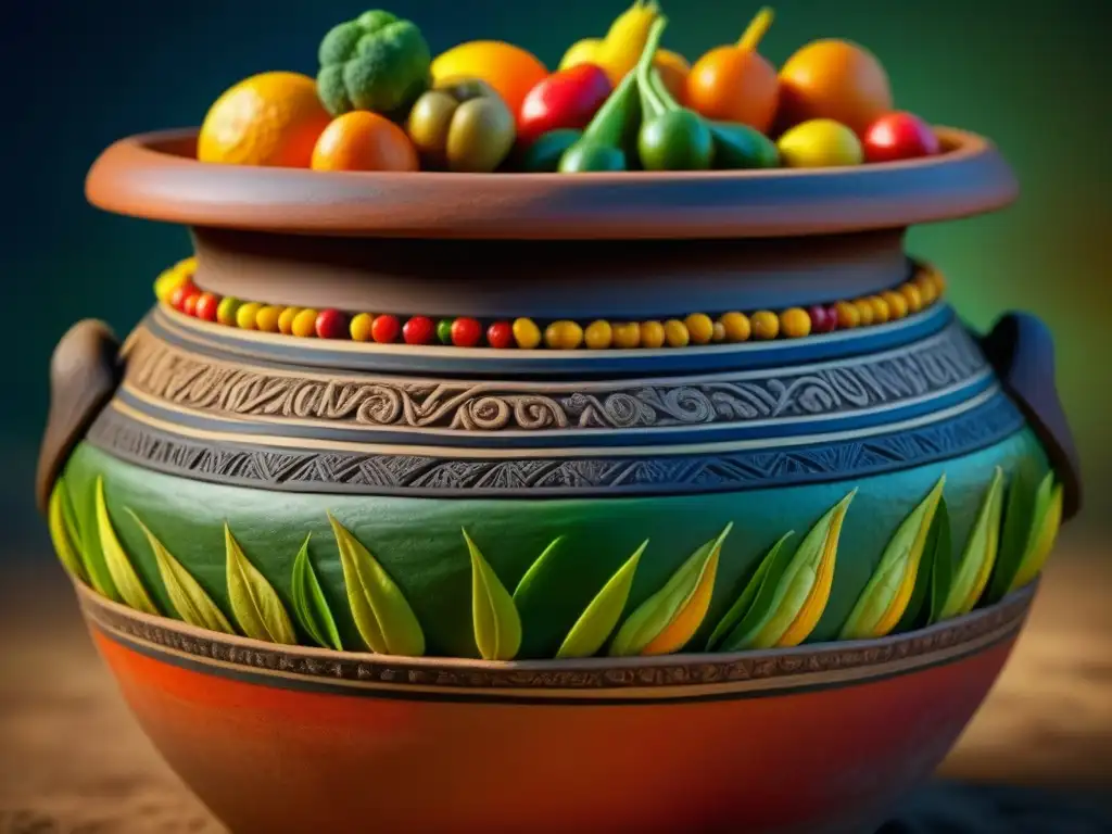 Detalle vívido de una antigua vasija de barro con frutas y verduras conservadas, resaltando técnicas milenarias conservación alimentos históricas