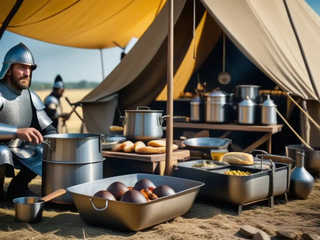 Detalle vívido de cocinas de campaña en cruzadas, mostrando la actividad frenética de soldados y chefs preparando comidas