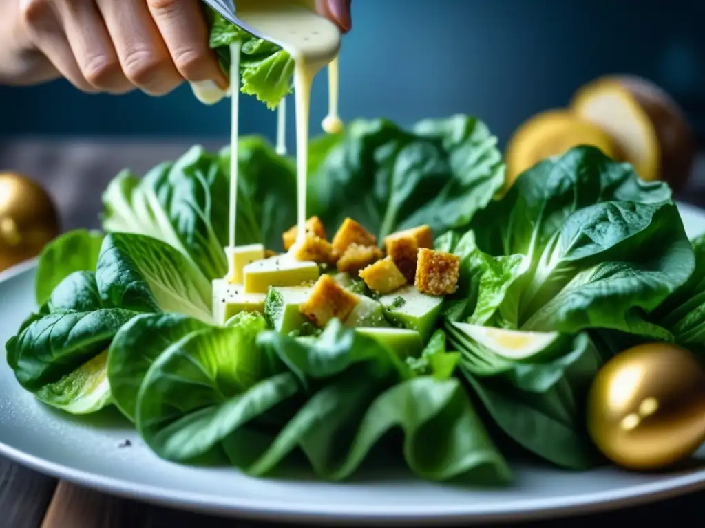 Detalle vívido de preparación de ensalada César tradicional, historia ensalada César origen cultural