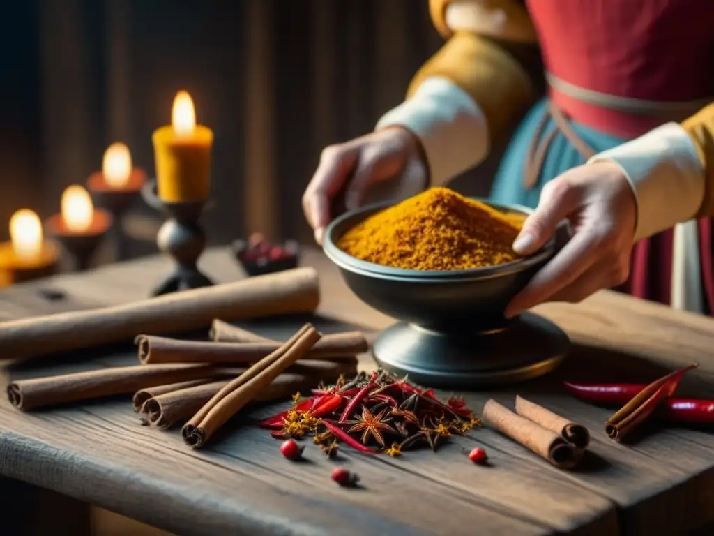 Detalle vívido de especias en el comercio medieval: azafrán, canela, chiles, cardamomo y anís estrellado en mesa rústica