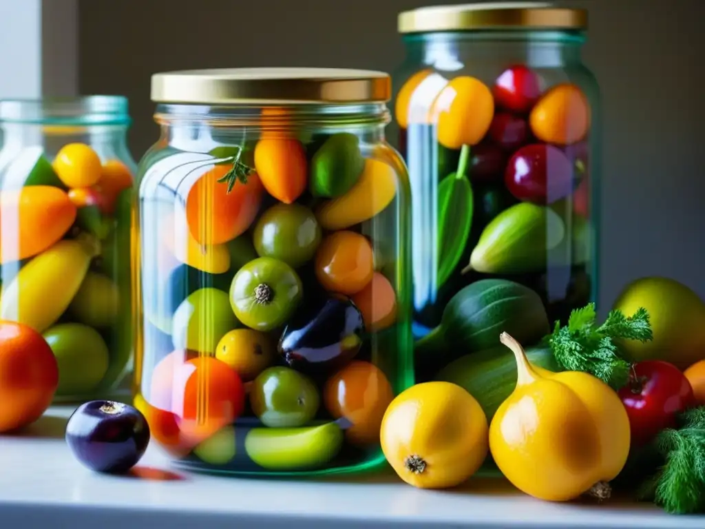 Detalle vívido de una jarra vintage con conservas de frutas y verduras, resaltando la tradición de conserva en la cocina americana