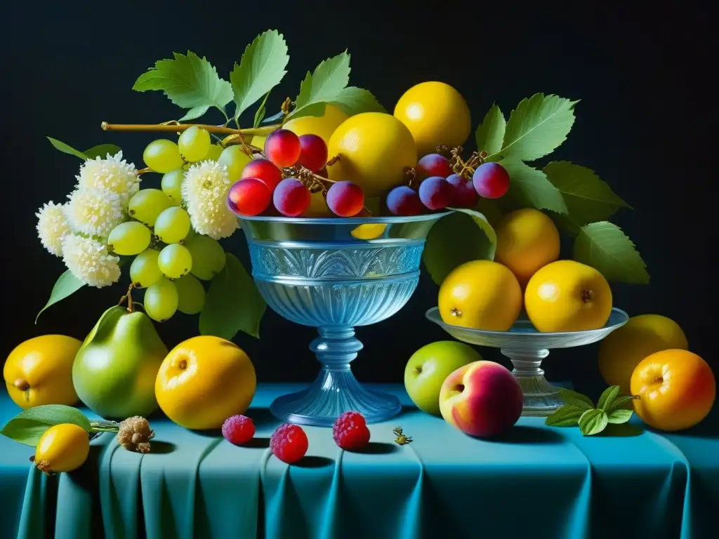 Detalle vívido de una pintura renacentista: frutas, cristalería y flores, evocando recetas históricas de artistas renacentistas