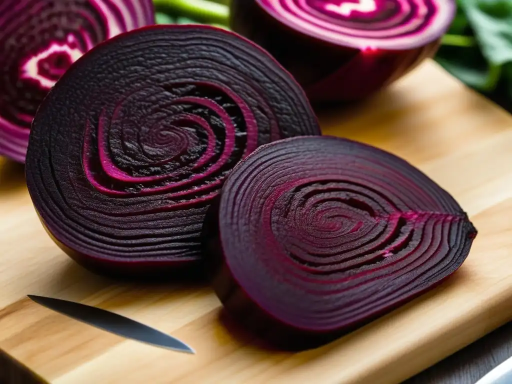 Detalle vívido de remolacha siendo cortada en tabla de madera, para hacer Borscht en la era Catalina Grande