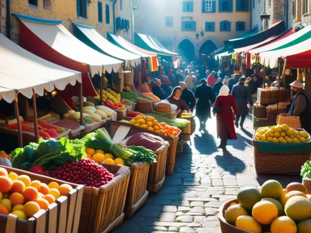 Detalle vivo de mercado medieval con vendedores y clientes en transacciones