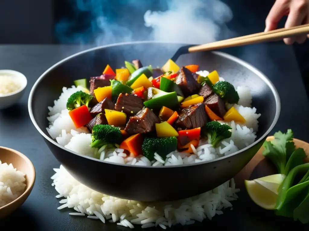 Detalle de un wok con ingredientes del Arroz Chaufa siendo cocinados por un chef experto