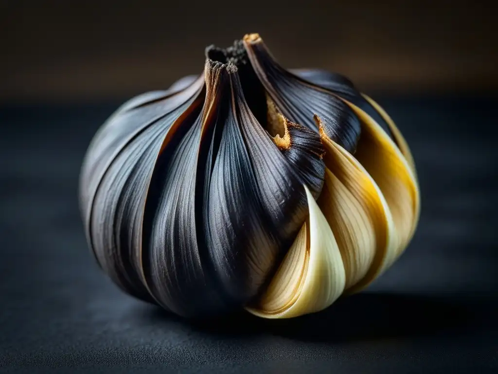 Detalles del ajo negro: piel arrugada, tonos caramelizados, fondo oscuro