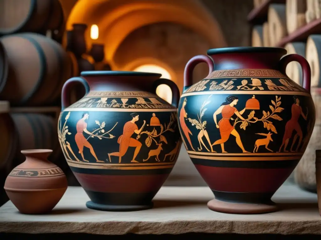 Detalles ancestrales de ánforas griegas llenas de vino rojo, mostrando diseños pintados a mano de viñedos y figuras mitológicas