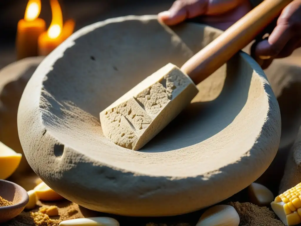 Detalles ancestrales de un metate tradicional usado en culturas mesoamericanas para moler maíz