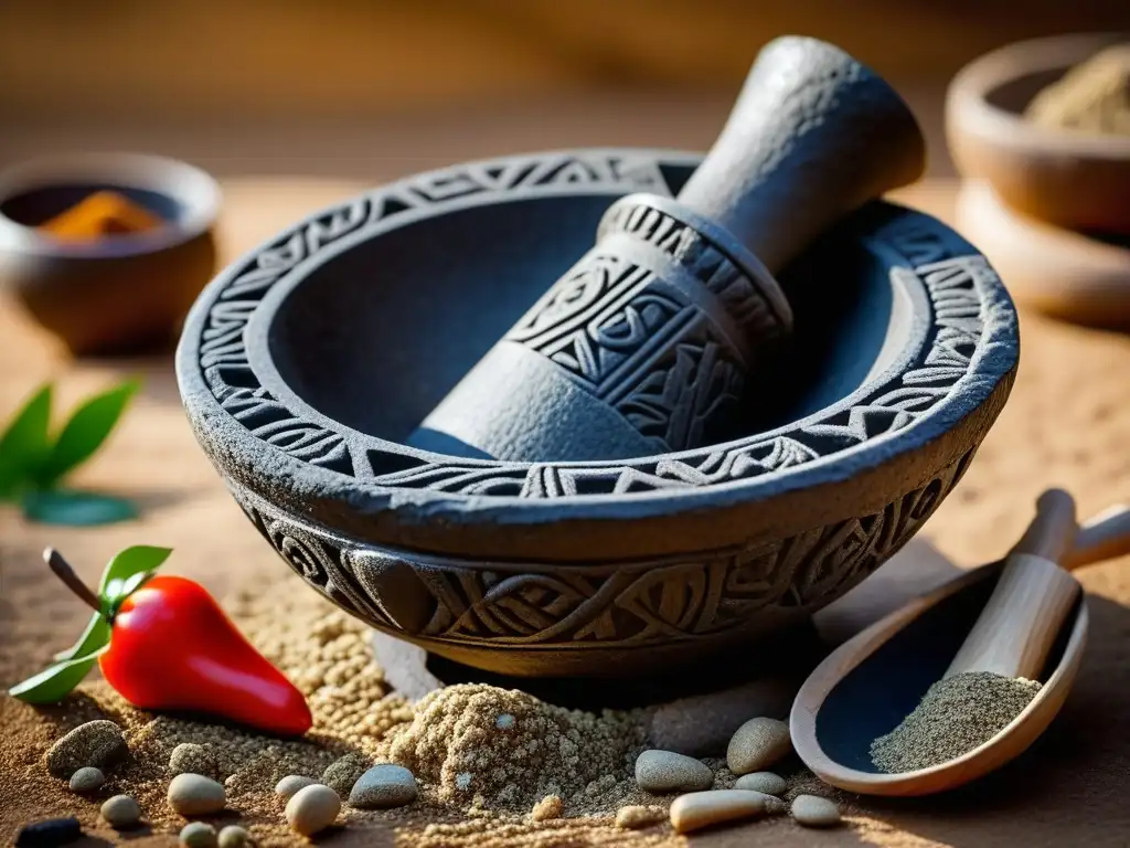 Detalles ancestrales del molcajete azteca, resaltando la artesanía y tradición culinaria