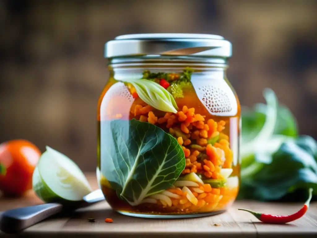 Detalles de fermentación antigua cocina sustentable: Tarro de kimchi burbujeante, colores vibrantes y texturas intrincadas