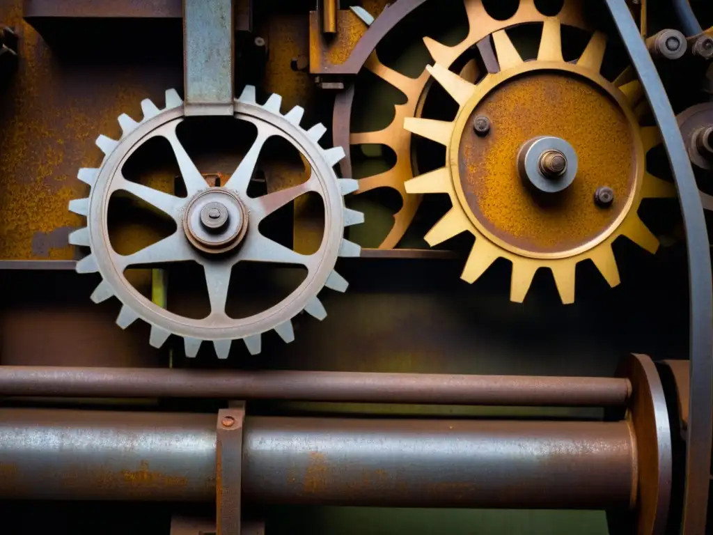 Detalles de una antigua máquina industrial oxidada utilizada en el procesamiento de alimentos durante la Revolución Industrial