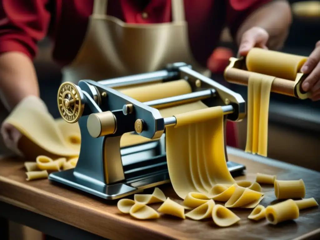 Detalles de una antigua máquina de hacer pasta, resaltando sus engranajes y la masa siendo prensada, evocando la historia gastronómica mundial gadgets cocina