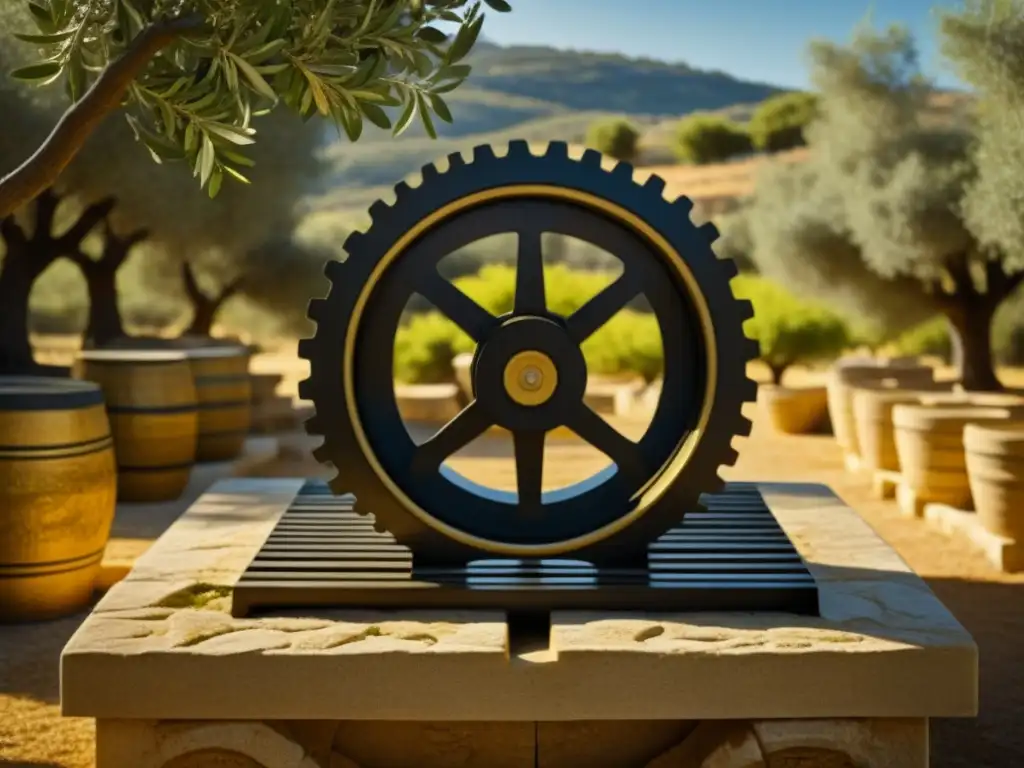 Detalles de una antigua prensa de aceite de oliva griega en un paisaje de olivares bajo el sol mediterráneo