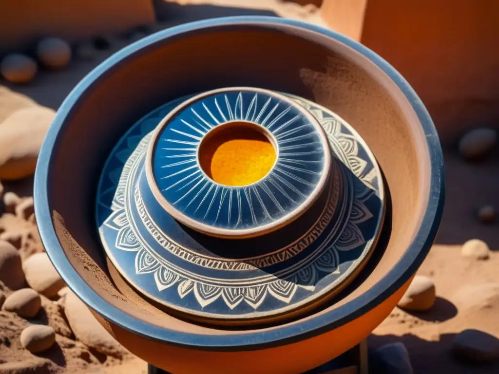 Detalles de una antigua técnica de cocina solar histórica con olla en horno de arcilla y cristal bajo el sol intenso