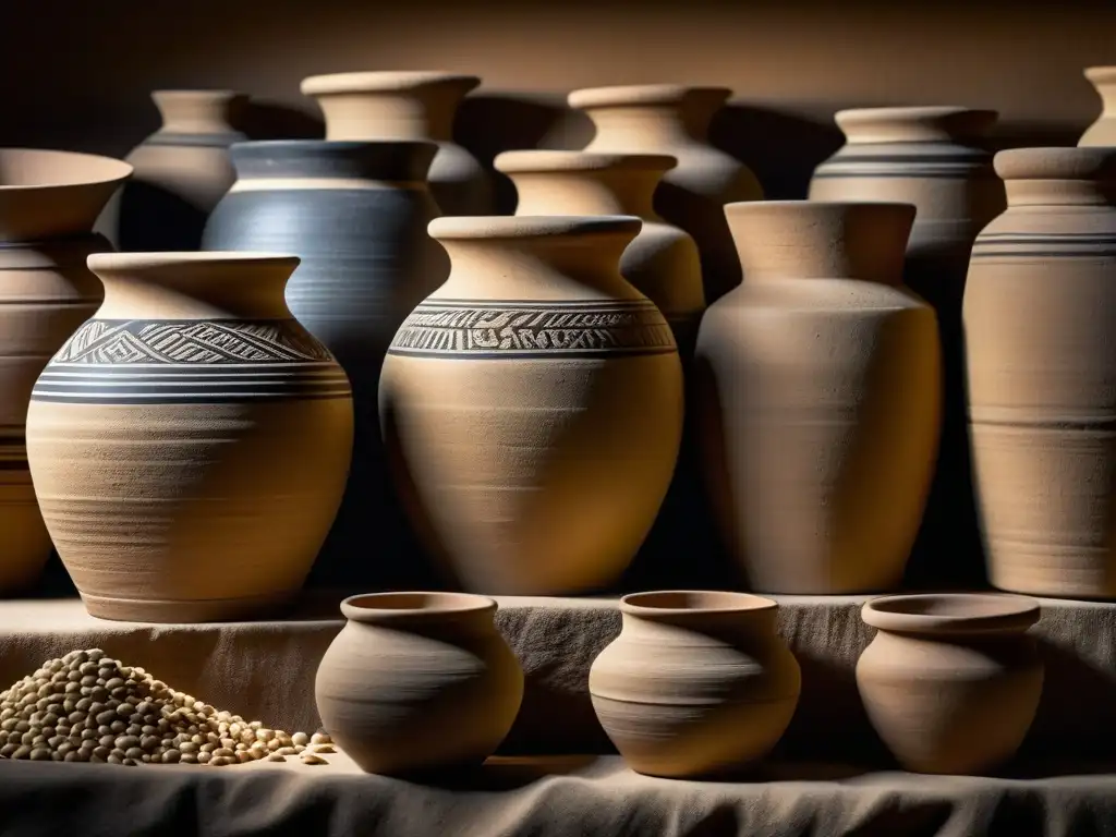 Detalles de antiguas ánforas de barro llenas de granos, reflejando la artesanía y textura de los granos almacenados