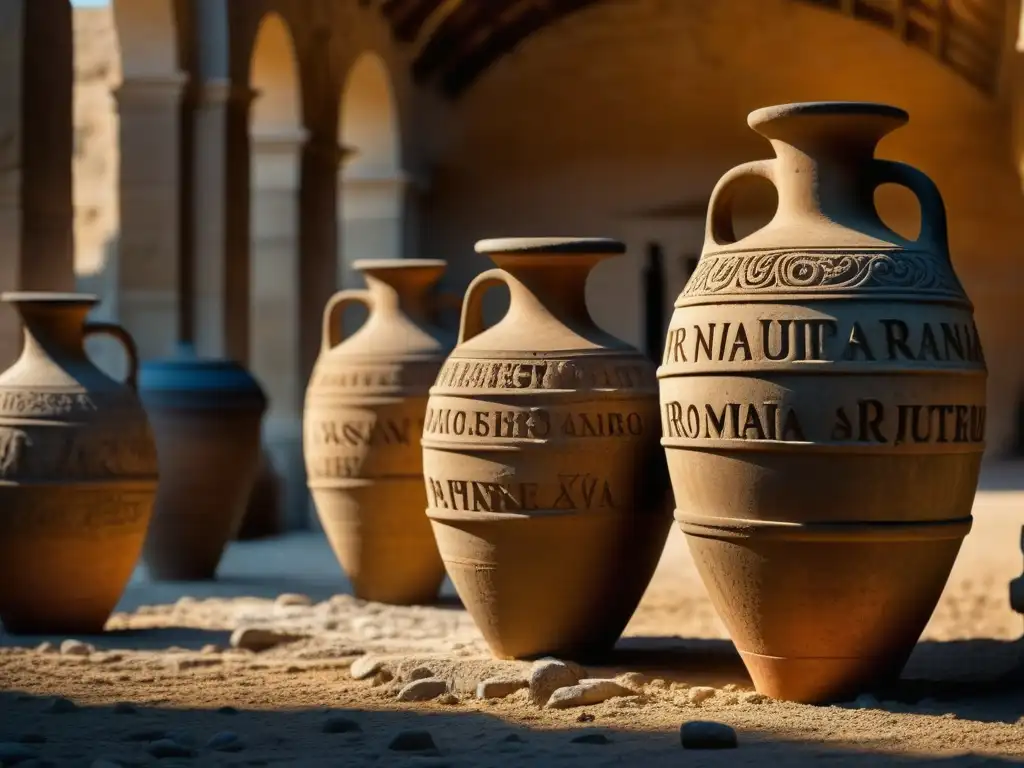 Detalles de antiguas ánforas romanas con historia, inscripciones y manchas de vino, en ruinas romanas iluminadas