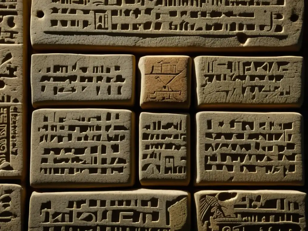 Detalles de antiguas prácticas agrícolas del Antiguo Oriente: inscripciones cuneiformes y textura erosionada, sostenibilidad ancestral