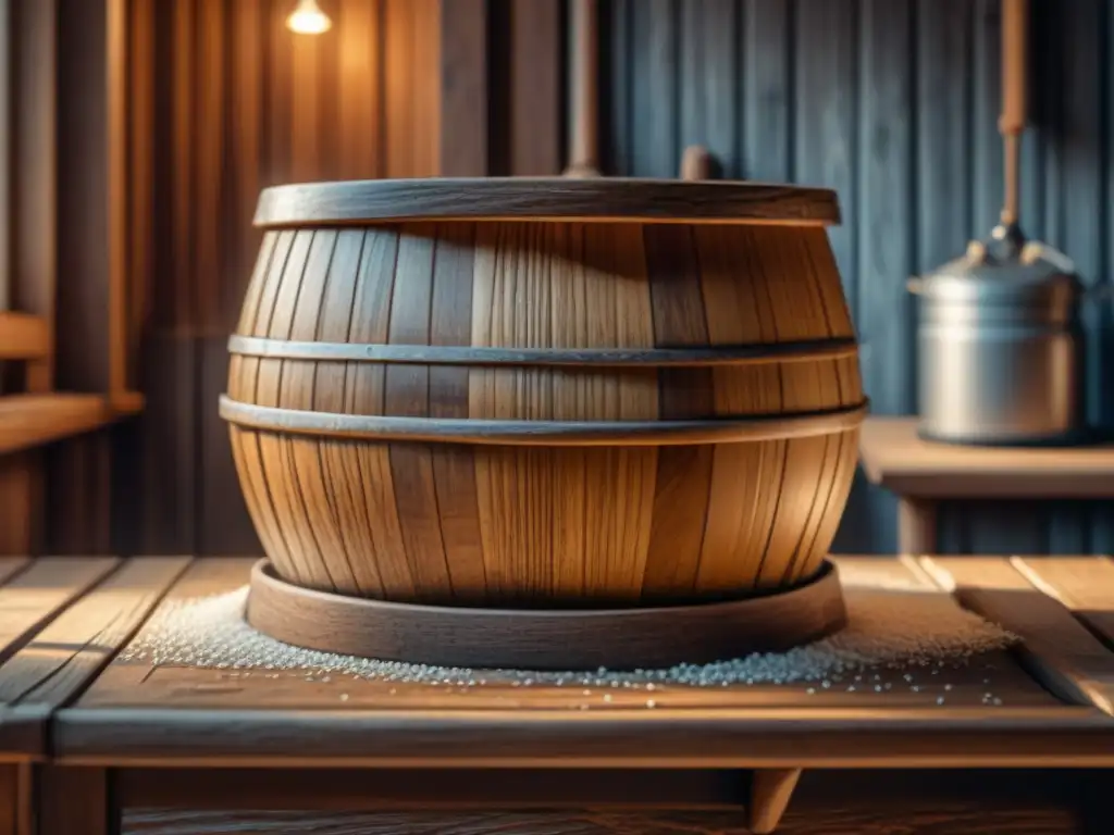 Detalles de un antiguo batidor de madera para fermentar leche en Escandinavia, con patrones tallados y gotas de leche fermentada