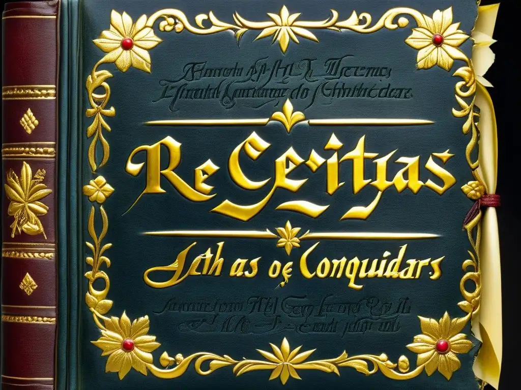 Detalles de un antiguo diario del siglo XVI con 'Recetas Históricas de los Conquistadores', ilustraciones y páginas amarillentas