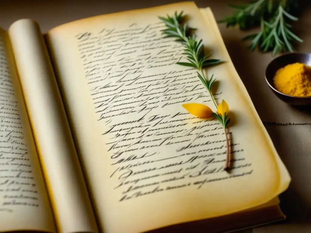 Detalles de un antiguo libro de cocina con recetas manuscritas en caligrafía elegante, ilustraciones de hierbas y especias