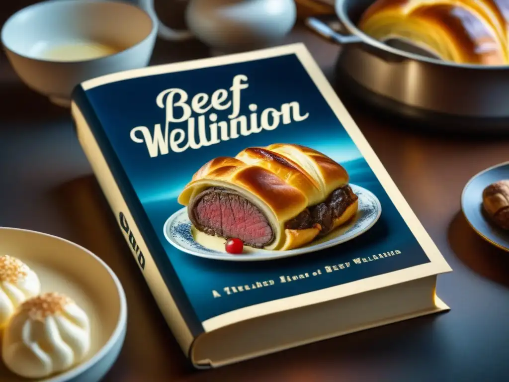 Detalles de un antiguo libro de cocina de la Época Dorada de la Cocina Americana Moderna, con elegante tipografía e ilustraciones intrincadas de platos clásicos como Beef Wellington y Baked Alaska