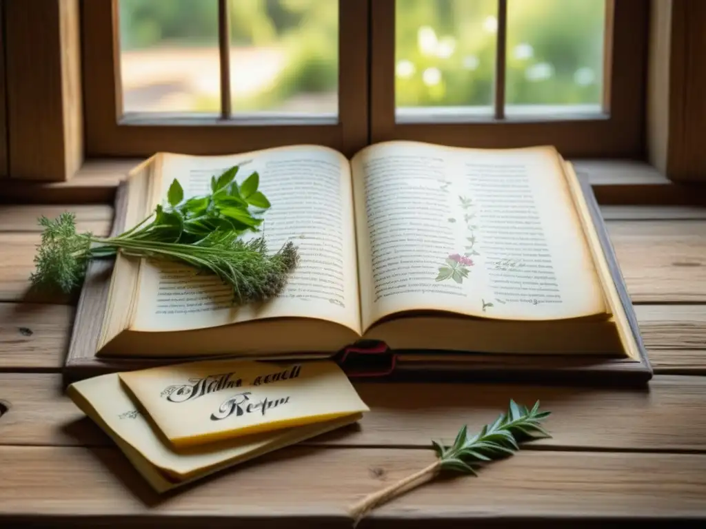 Recetas medievales: legado culinario en España Detalles de un antiguo libro de recetas medievales en un monasterio español, con caligrafía e ilustraciones de hierbas, bajo luz natural