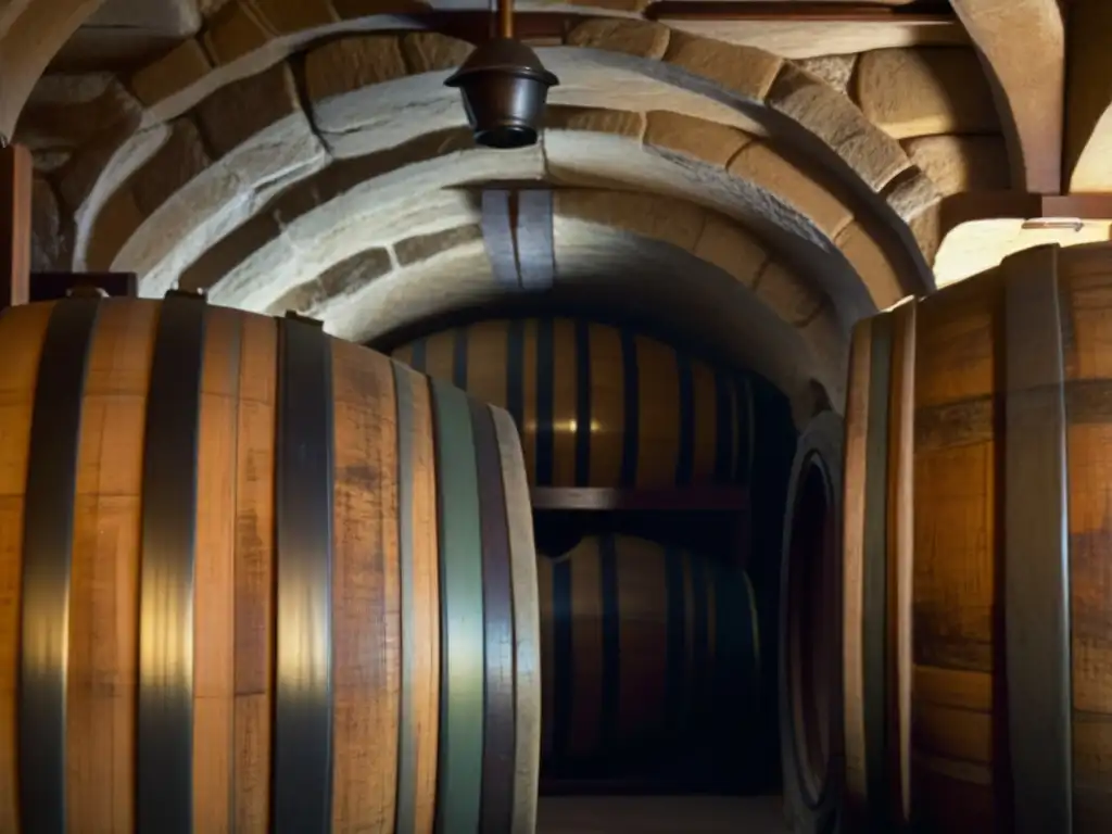 Detalles antiguos de bodega de vinos con barriles de madera, iluminados suavemente