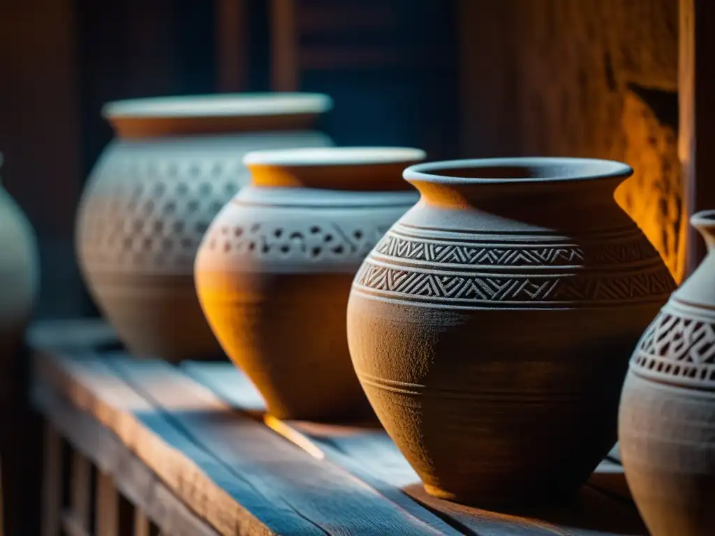 Detalles antiguos de fermentación en la cocina, con vasijas de barro y madera en un ambiente misterioso y fascinante